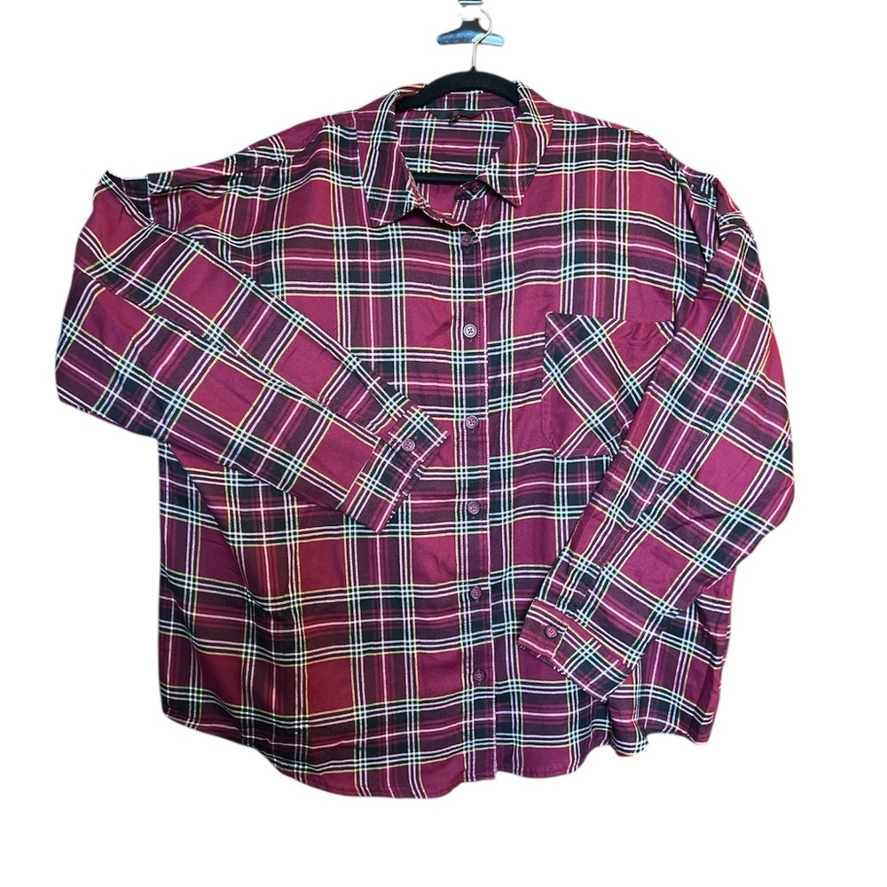NOBO Women's Plaid Button Down Shirt - Burgundy and Black XXL